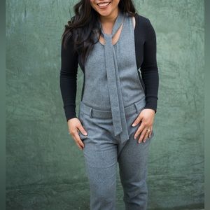 Gray Wool Style Fabric Jumpsuit with multi use belt